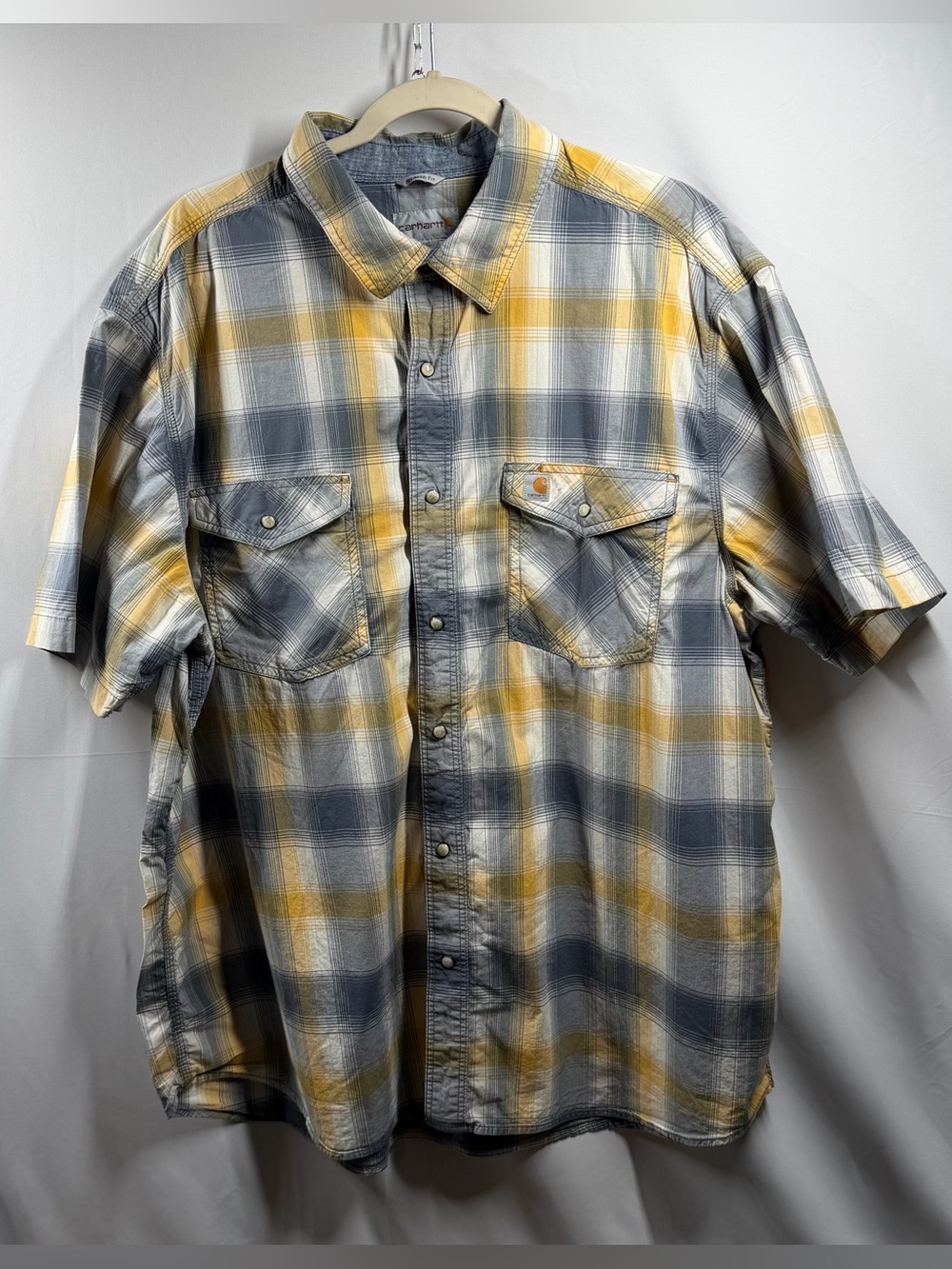 Carhartt Men’s Short-Sleeve Plaid Button-Down Shirt - Yellow & Gray